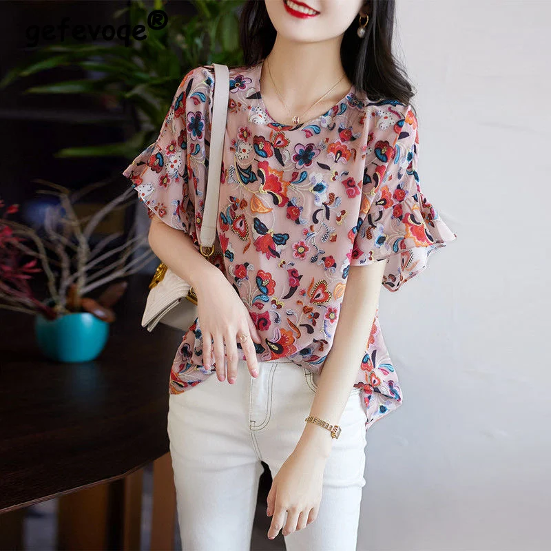 Women\'s 3D Floral Printed Ruffle Short Sleeve Sweet Chiffon Blouse Summer Trendy Loose Chic Tops All Match Casual Elegant Shirts