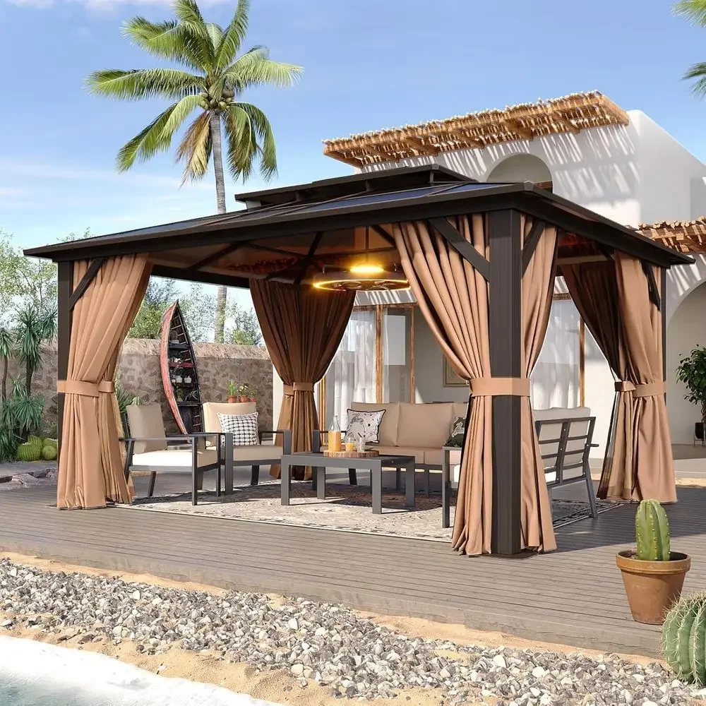 12'x14' Hardtop Gazebo with Double Polyte Roo, e Permanent Pavilion Includes Netting & Curtains or Patio, Lawn & Garden (Khaki)