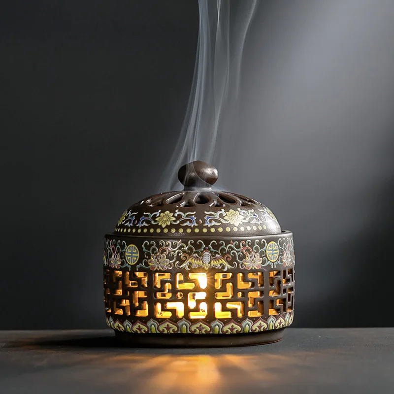 Ceramic enamel color incense burner LED night light creative pan incense sandalwood burner household indoor tea ceremony aromath
