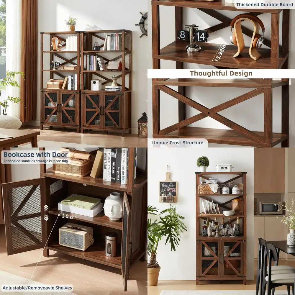 خزانة كتب طويلة 70 على طراز المزرعة مع أرفف قابلة للتعديل وخزانة تخزين باب الحظيرة