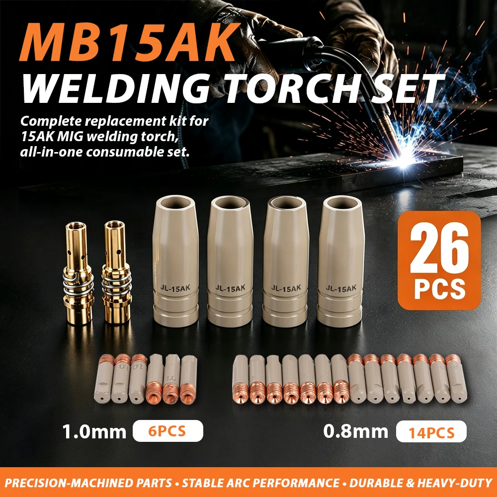 MB15AK 15AK MIG Welder Consumables Kit 26PCS 0.8mm 1.0mm Pure Copper Contact Tips Nozzles Diffusers for CO2 Welding Construction