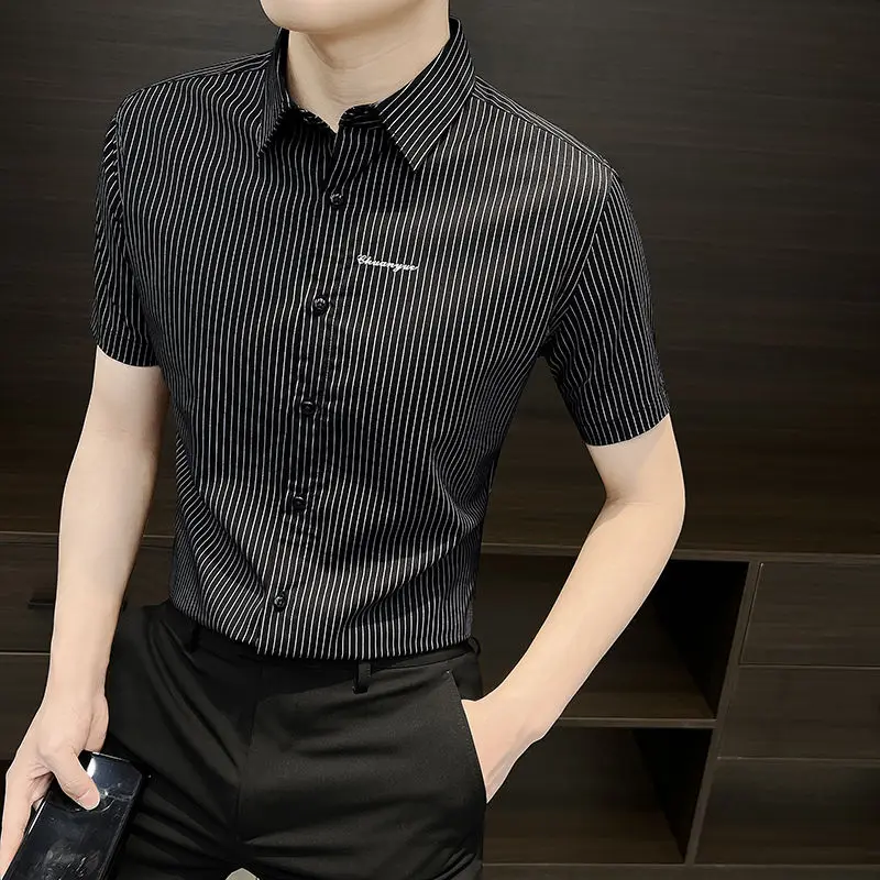 Summer Casual Shirts for Men - Striped Single-Button Vertical Collar Short Sleeve Top