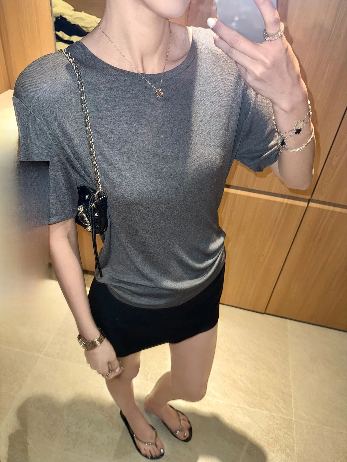 

Xzichic Luxury Wool Cashmere Lyocell Short Sleeve round Neck T-Shirt Women's Slim Fit Summer New Style Skin-friendly Top