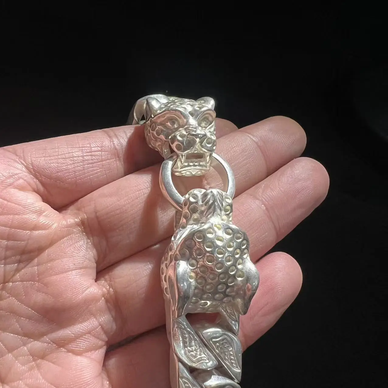 S925 Tibetan Silver Double Leopard Bracelet for Men, Vintage Hip Hop Domineering Jewelry, Personality Gift
