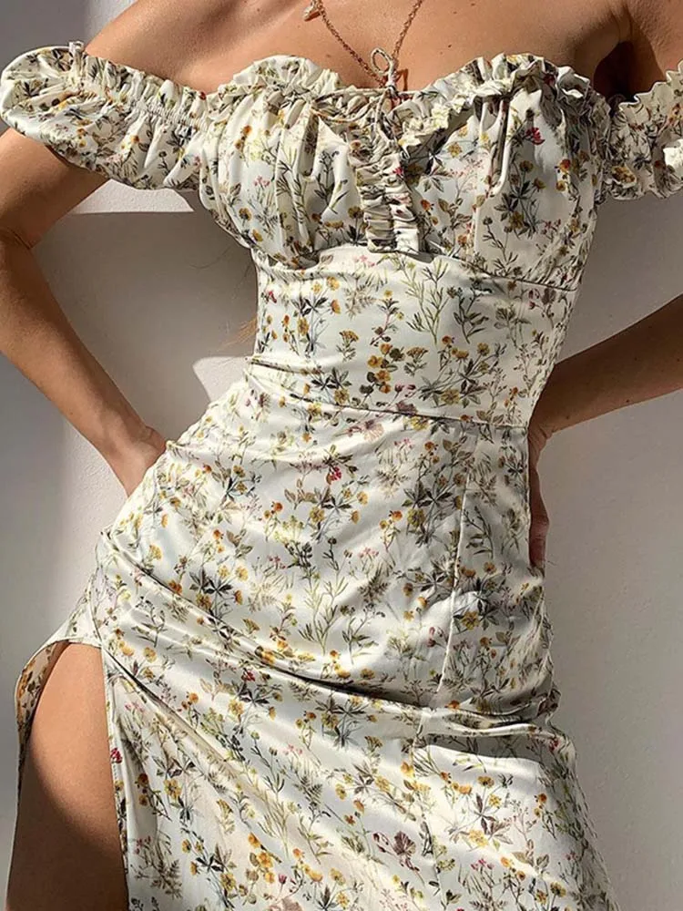 Summer Floral Off Shoulder Puff Sleeve Maxi Dress For Woman Robe Sexy Lace Up Side Split Chic Mid-Calf Aesthetic Dress