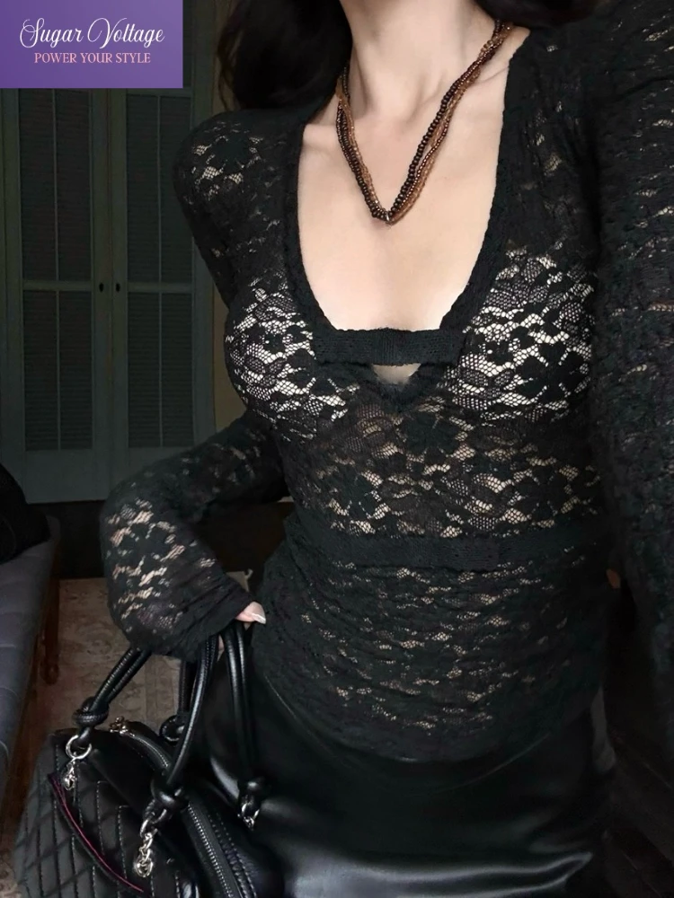 Sexy Vintage Top Women Autumn Deep V Neck Lace Hollow Out Sheer Long Sleeve Slim Fit Tight Retro Chic Hot Stylish Club Outfit