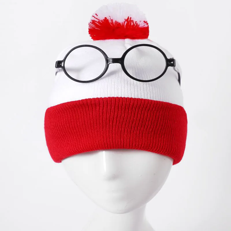 Winter Autumn Halloween Costume Red White Knit Beanie Hat with Pompoms Nerd No Lenses Glasses for Men and Women anime hat caps