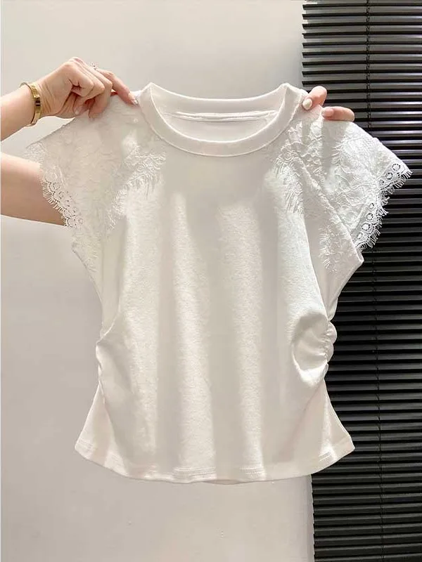 White Lace Splice round Neck Short Sleeve T-Shirt Spring Summer New Design Casual Style Gathered Waist Small Flying Sleeve Top