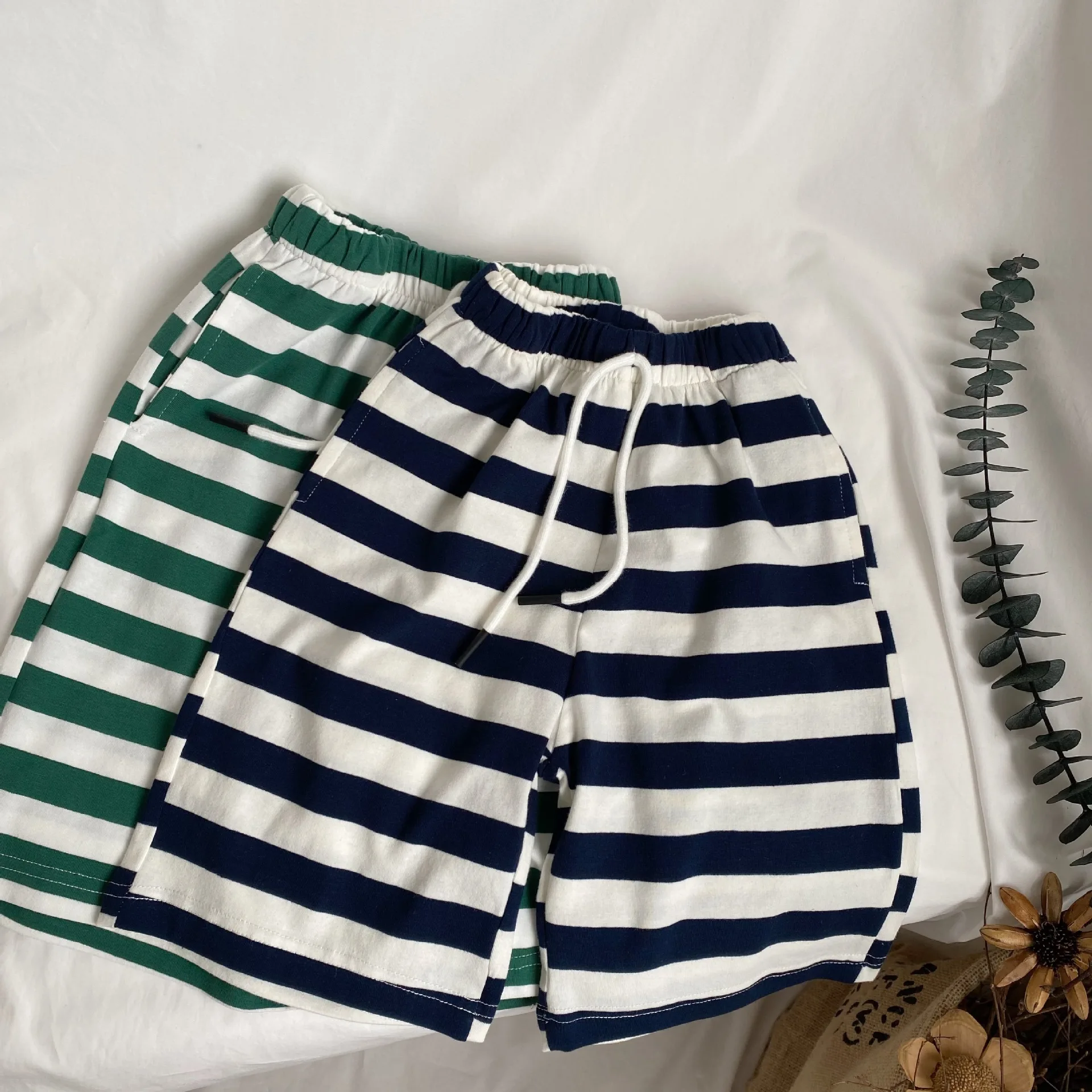 Korean Version of Summer New Children's Striped Lace-up Cropped Pants Boys and Girls Washed Skin-friendly Casual Cropped Pants