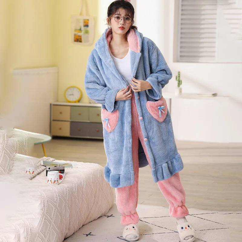 Frauen Winter Flanell Pyjama Set Fleece Kapuze Nachthemd dicken warmen Samt weibliche Nachtwäsche Homewear süße schöne Nachthemd