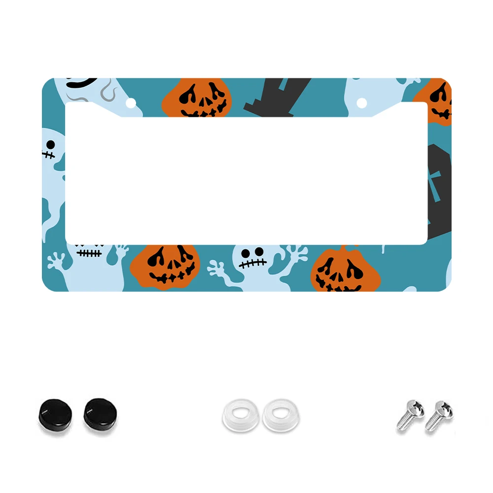 

1pc Blue Color Halloween Pumpkin Pattern 2 Hole License Plate Frame, Aluminum Material, 6x12 Inches, with Screw Kit, Retro Nove