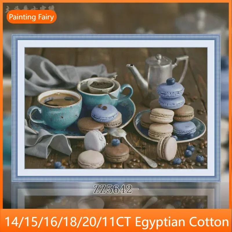 [ZZ5642-Coffee Dessert Afternoon Tea] Stamped Cross Stitch Embroidery Kit 14CT 16CT, Printed Fabric for Hand Stitching