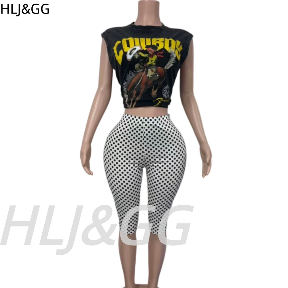 HLJ&GG Vintage Trend Letter Pattern Print Two Piece Sets Women Sleeveless Tshirts + Polka Dot Shorts Outfits Fashion Streetwear