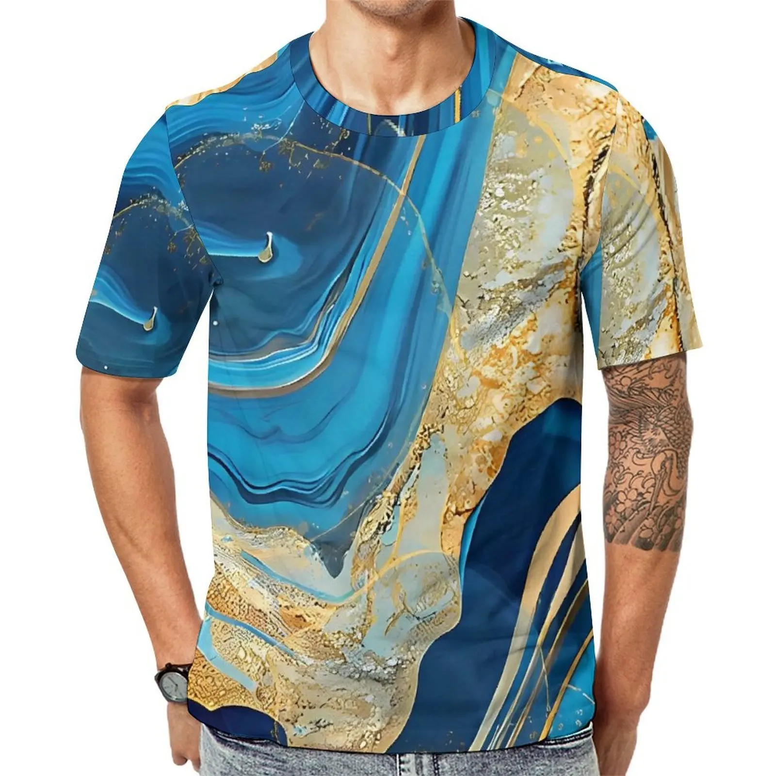 Oversize T-Shirt Summer Blue And Gold Marble Print T-Shirts  Funny Crewneck Tee Shirt Male Harajuku Graphic Tops