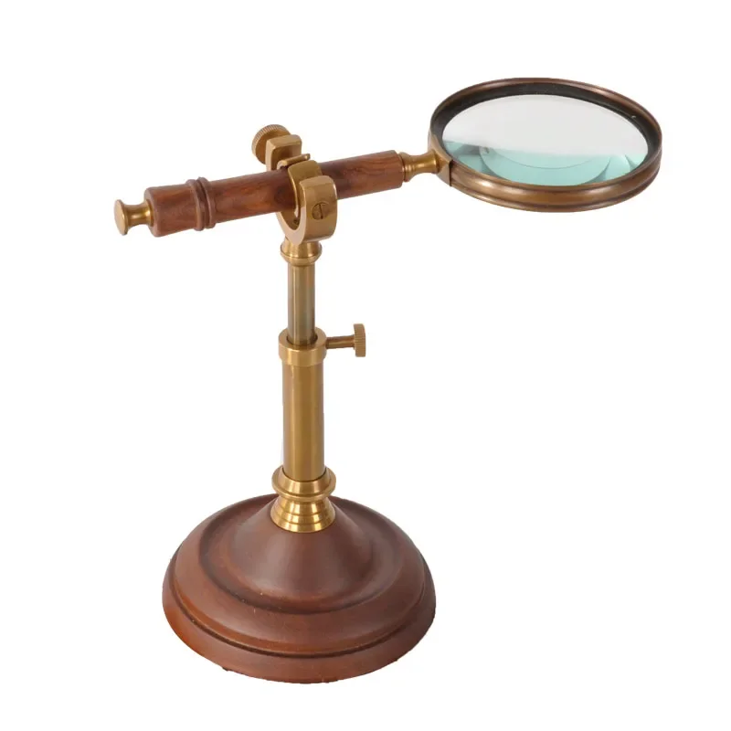 Retro Nostalgic Brass Solid Wood Magnifying Glass with Stand Desktop Adjustable Study Showroom Display