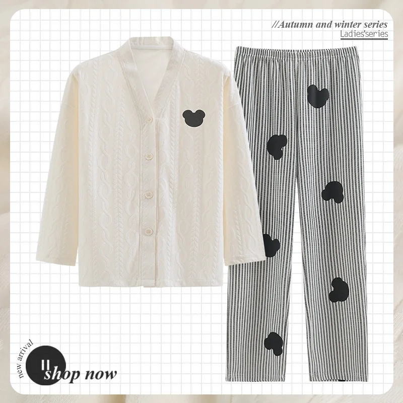 

Пижама женская хлопковая с длинным рукавом, комплект для сна, топ и штаны, кимоно, домашняя одежда на осень, Прямая поставка