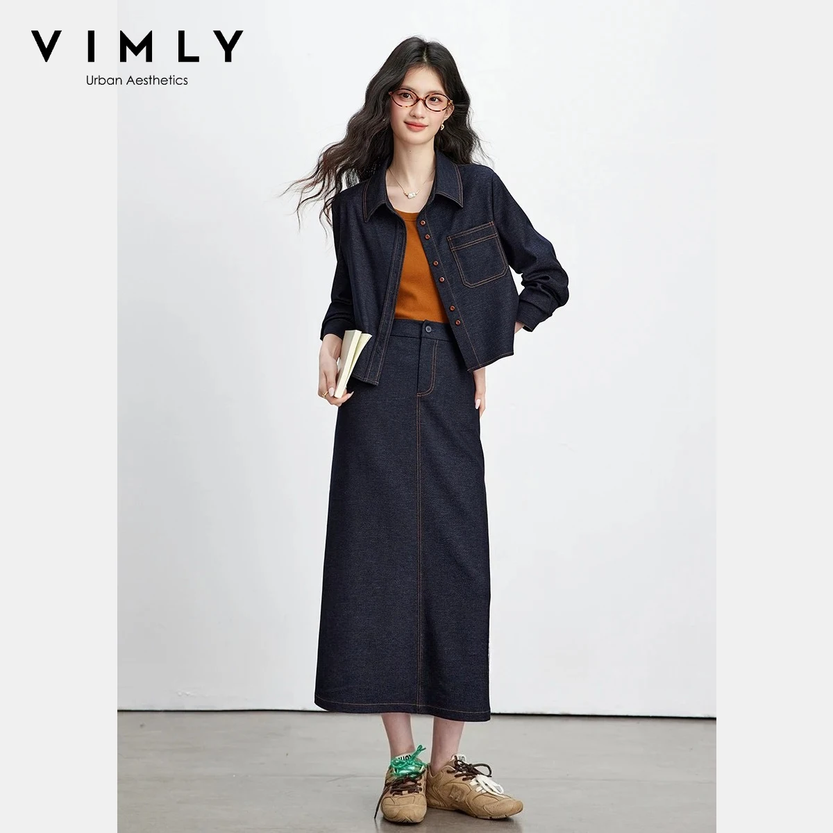 

Женский комплект VIMLY для повседневной носки, весна 2026: новый контрастный топ, куртка с отложным воротником, юбка миди, повседневный комплект из трех предметов A3721