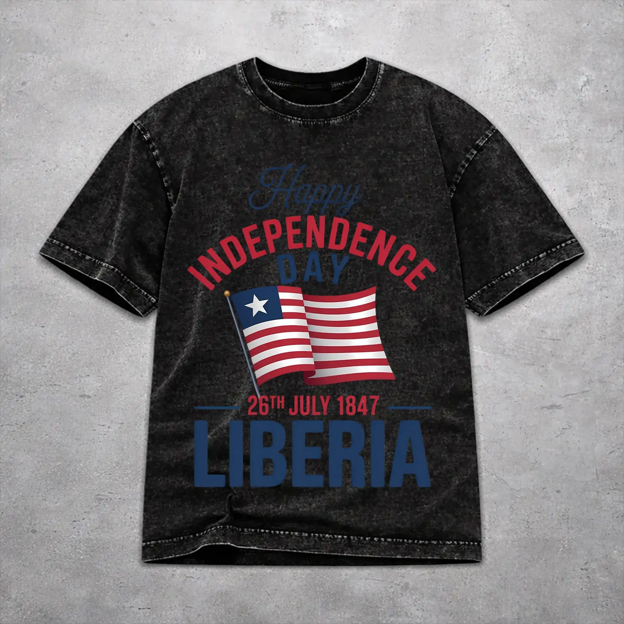 Men Women Vintage Washed T-shirts Liberia Independence Day Printed Shirt Merch Oversize  Tee Shirt