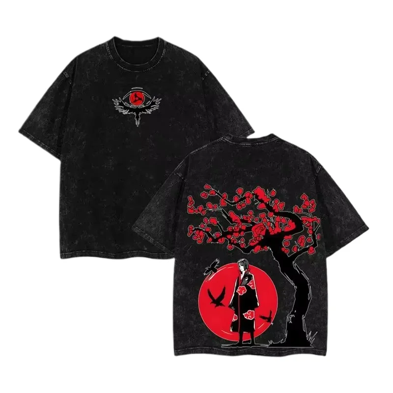Itachi Uchiha T Shirt Naruto Men Acid Wash Back Print Akatsuki Anime Graphic 100% Cotton Streetwear Red Moon Crow Vintage Tee