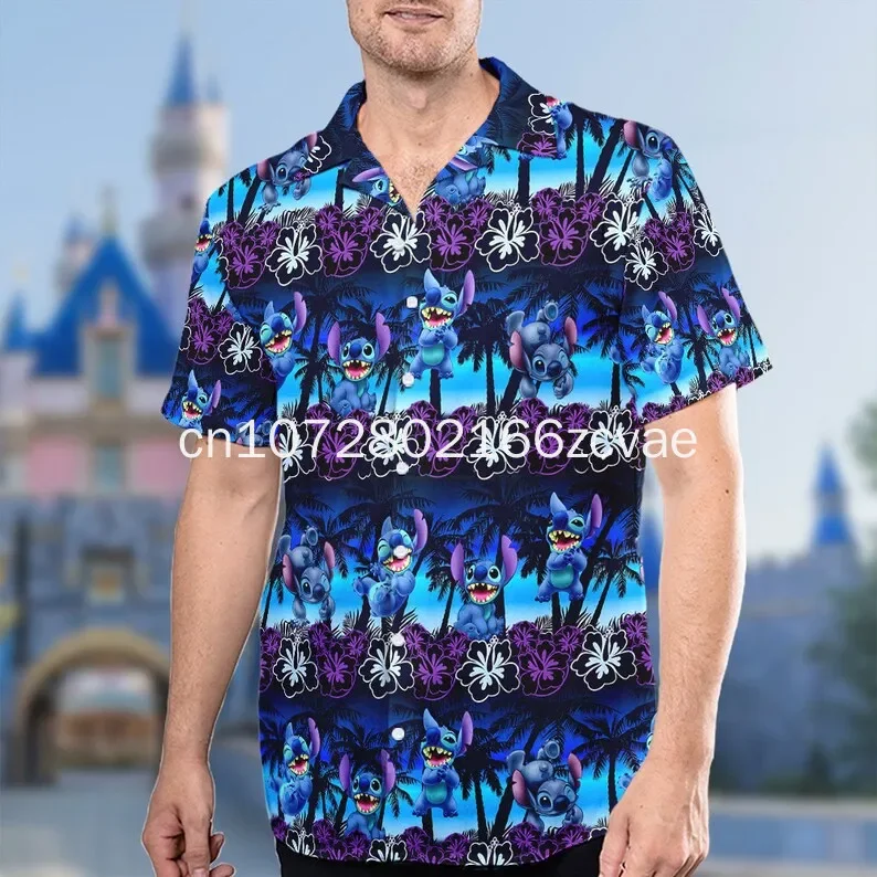 2024 New Disney Stitch Vacation Hawaiian Shirt Men And Women Button Up Hawaiian Shirt Fashion Beach Short Sleeve Shirt