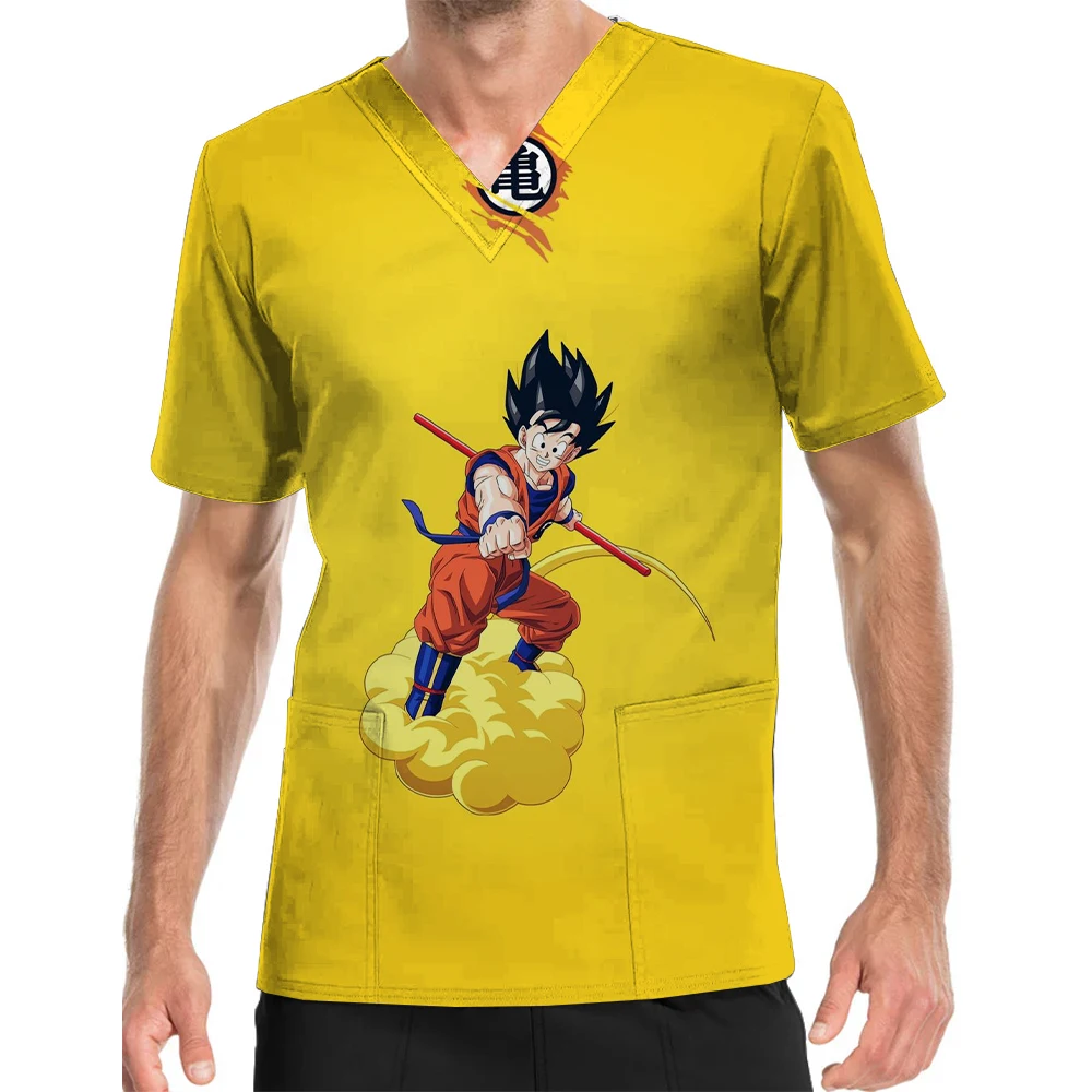 Men's Short Sleeve V-Neck Tops Hospital Nursing Work Clothes Dragon Ball Series Printing Pet Shop Ophthalmology Work Uniforms