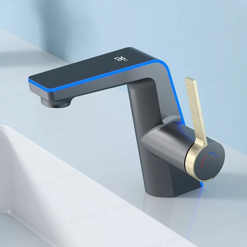 High-end Temperature Display Faucet LED Light 2 Modes Sprayer Hot Cold Water Sink Mixer Wash Tap Single Hole for Bathroom