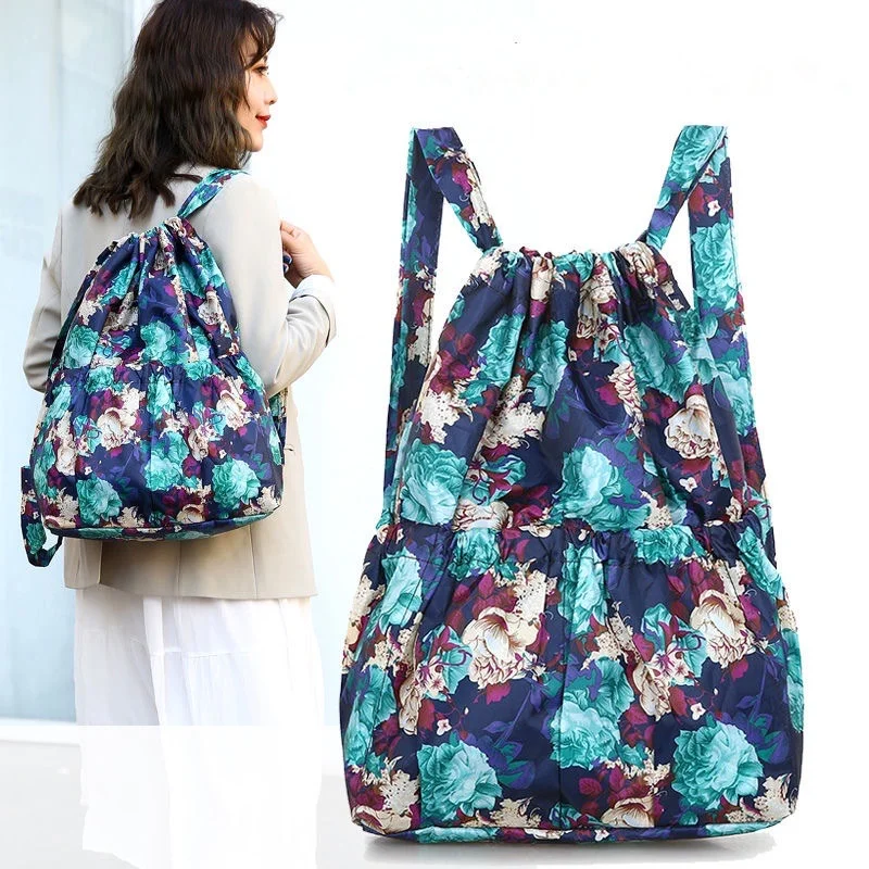 

2023 Fashion Vintage Drawstring Backpacks Women Large Capacity Flower Ethnic Style Waterproof Nylon Rucksack Shoulders Backpacks