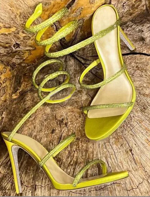 Ink green blue Rhinestone snake-like Strap twined Sandals 8/10 cm High heels Woman Summer Cutout Crystal Wedding Shoes view 6