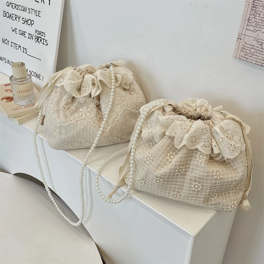 

Literary Korean Style Drawstring Lace Flower Bag Pearls Chain Sweet Small Crossbody Bag Beige Cloth Bundle Pocket Travel