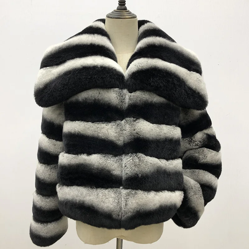 Frauen Winter Jacke Pelzmantel Weibliche Chinchilla Gestreiften Echt Rex Kaninchen Pelz Jacke Frauen Kleidung OuterWomen der Pelzmantel