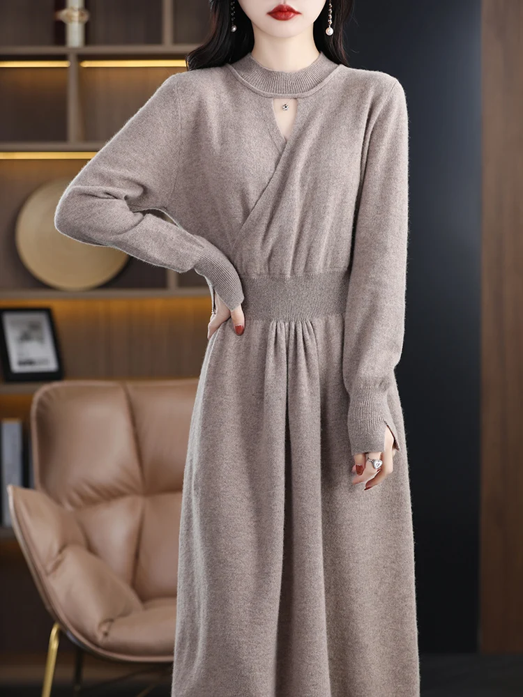 

New Women O-neck Sweater Dresses Long Sleeve 100% Merino Wool Knitwear Spring Autumn Grace Soft Pure Color Office Lady Dresses