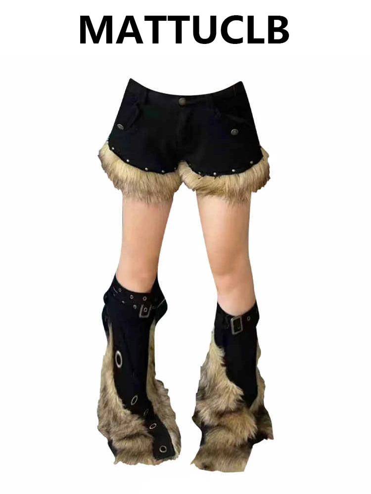 

2026 Summer Women Fur Jeans Shorts Kpop Abi Japanese Y2K 2000s Dark Academia Gyaru Denim Hot Pants Grunge Tide High Street New