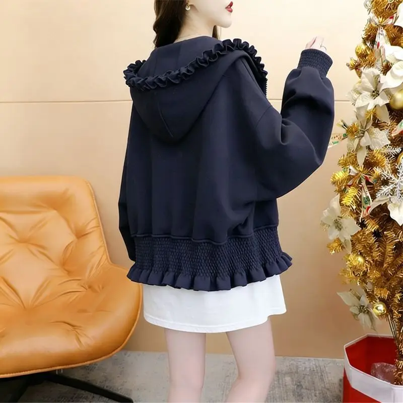 2026 Spring Autumn New Gentle Jacket Korean Hooded Coat Ladies Loose Fashion Outwear Joker Wooden Ear Zipper Overwear Women Tops
