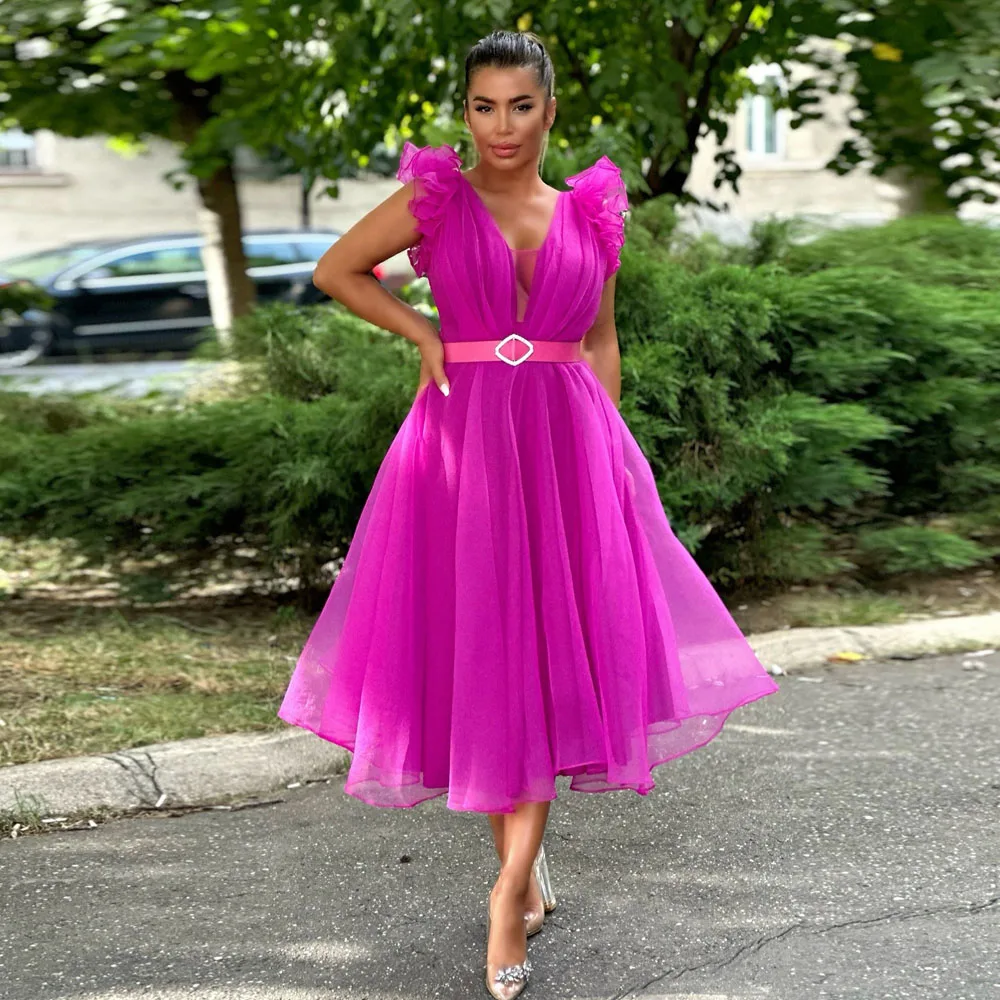 Elegant Fuchsia Mid Calf Women Dresses With Ruffles Trimmed Details A-line Hot Pink Female Maxi Party Dresses