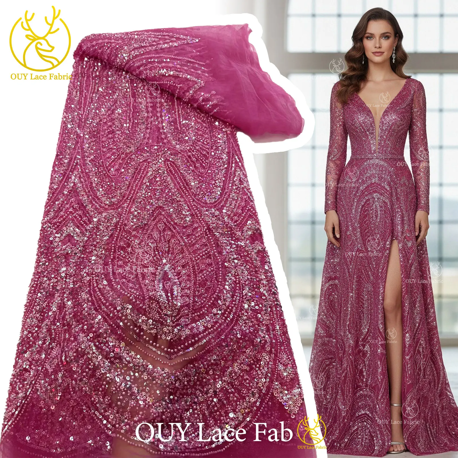 

2026 Elegant Nigerian African Groom Beaded Lace Fabric High Quality French Tulle Sequins Lace Fabric For Evening Dress 5 Yards