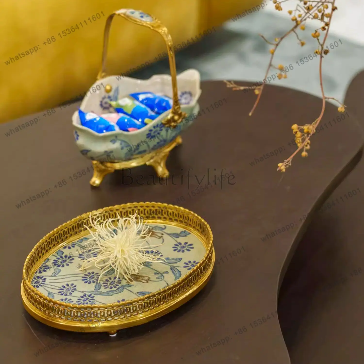American retro home tray jewelry romantic copper with porcelain dresser ornament