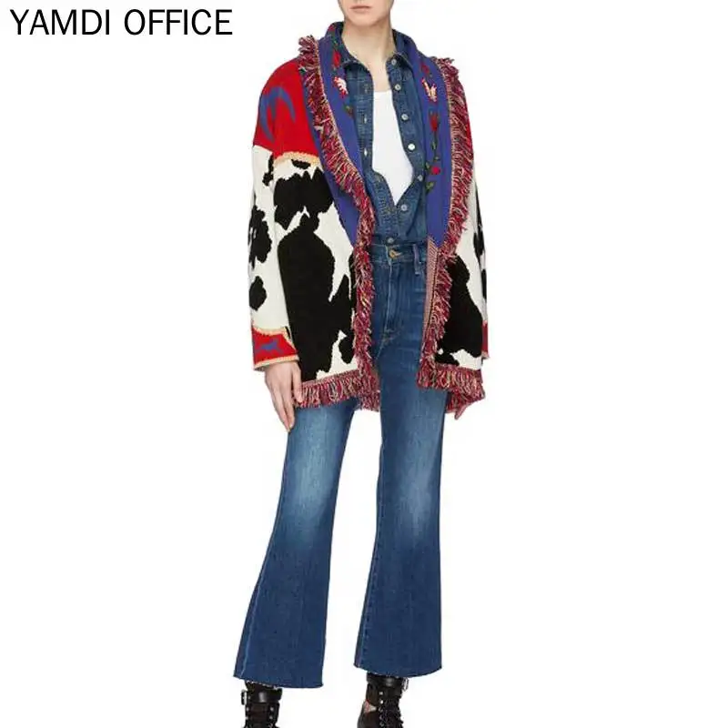 Boho Woman Sweater Print Floral Turn-down Collar 2021 Winter Clothing Patchwork Thick Knitted Tassel Embroidery Cardigan Coat