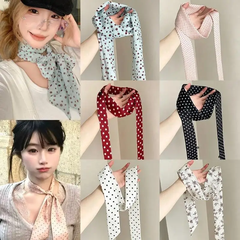 Polka Dot Floral Print Silk Scarf Thin Neck Scarf Hair Band Bag Ribbon For Women Vintage Daily Wear Accessory