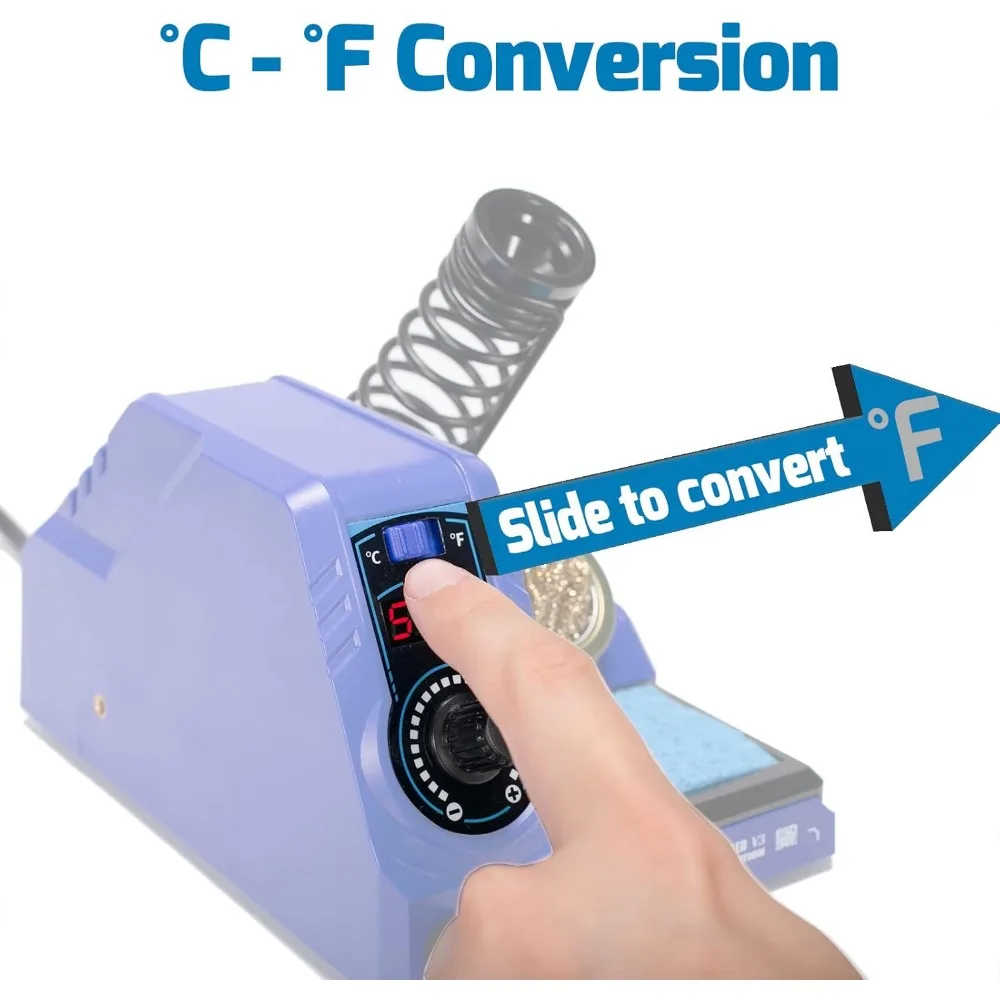 طقم مكواة لحام بقدرة 130 وات كحد أقصى مع تحكم في درجة الحرارة، وضع النوم، تحويل C-F، سلك لحام، أطراف، ملاقط