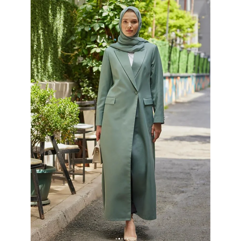 Solid Color Single Button Women Long Jacket Female Daily Coat Formal Ankle Length Dress müslüman elbiseleri