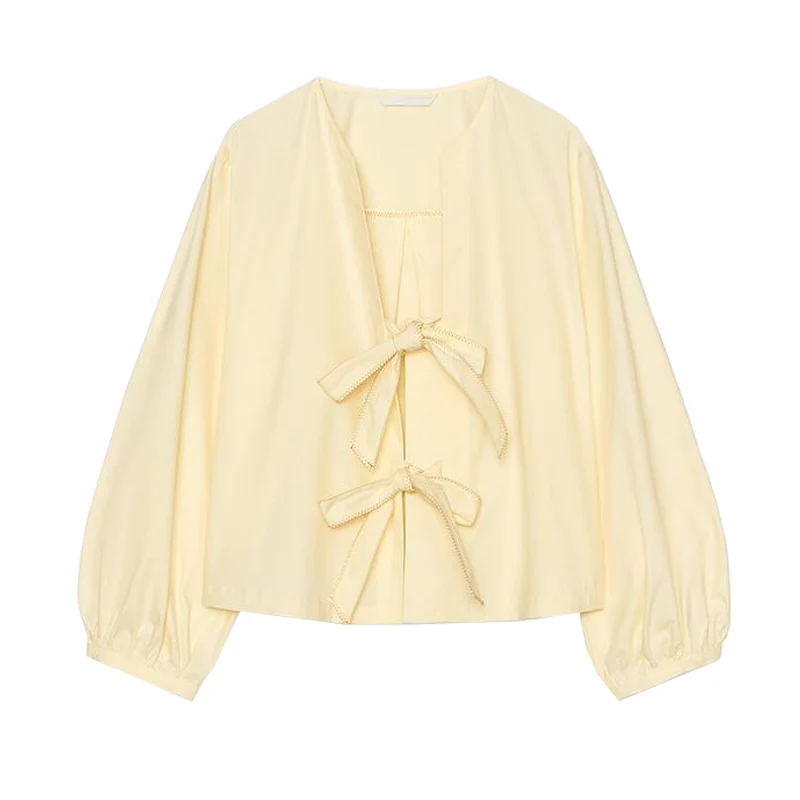 

Spring New Arrival Women's irt Color Blo Stitching Knot Decorated Silk Twill Top Commute Sle Loose Fit Long S...