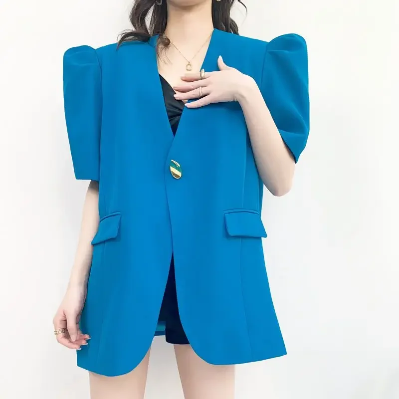 Korean Fashion V-neck Short Sleeve Blazer Women Spring and Summer Jacket Y2k Crop Top Business Casual Coats Blazers Femme