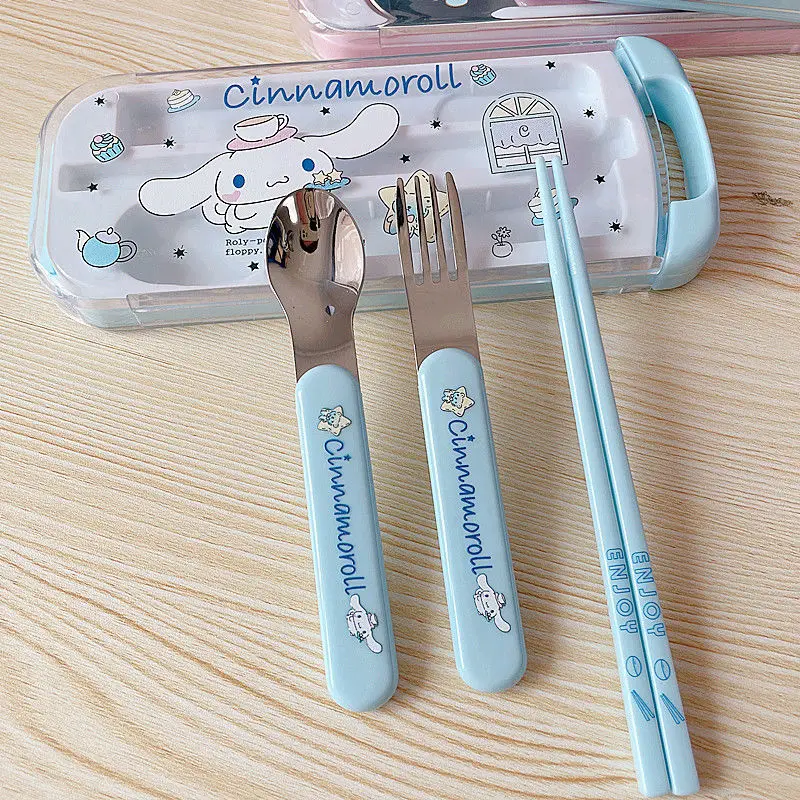 Cartoon Sanrio Kids Tableware Set Cute Portable Tableware Storage Box Student Purin Dog Chopsticks Spoon Fork Set