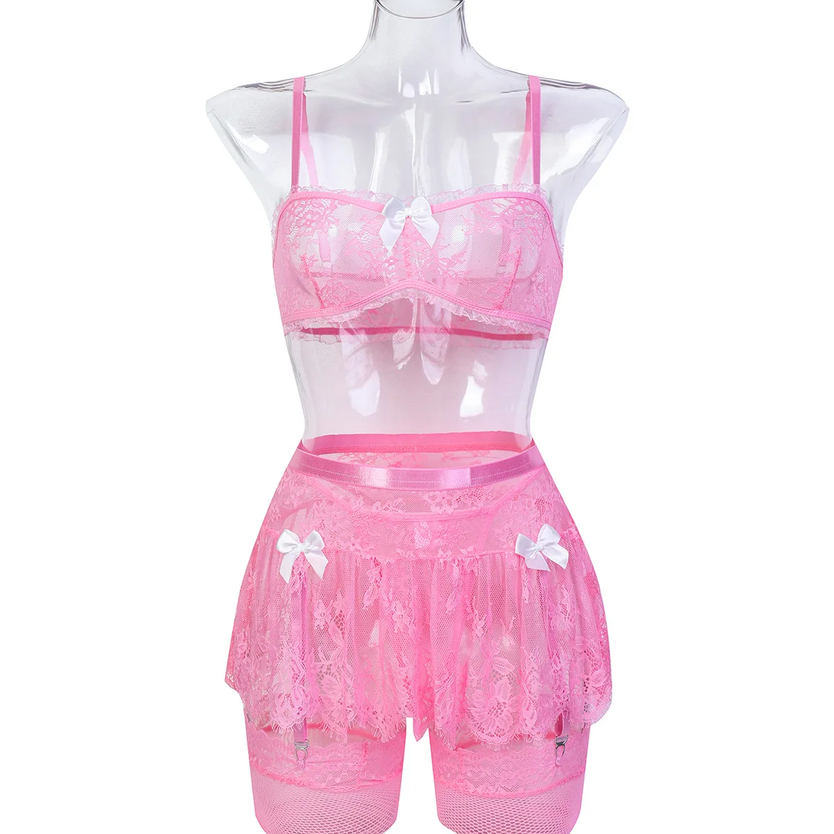 Including Socks, Light Lace, No Steel Ring, Soft And High-quality Sexy Lingerie, Four-piece Set, Pink And Cute.