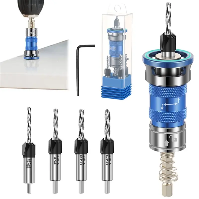 AAAF Countersink Drill Bit Set-Adjustable Stop 4 Flute 1/4 Hex Shank For Woodworking For MDF Plywood Cabinet Shelf Applications