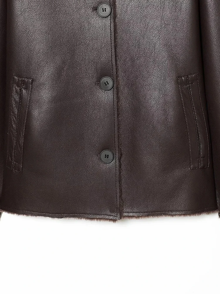 Dames omkeerbaar kunstleer revers single-breasted zakdecoratie jas vrouwelijke mode slanke lange mouwen losse warme jas