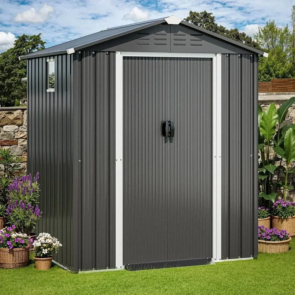 6x4 Outdoor Metal Storage Shed with Lockable Double Doors - Weatherproof Garden Shed for Tools, Patio, Lawn in Gray