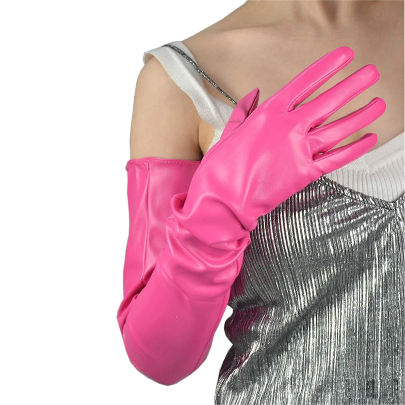 50cm Long Leather Gloves Female Mid-Length Style Faux Leather Women PU Gloves Cosplay Party HPU05