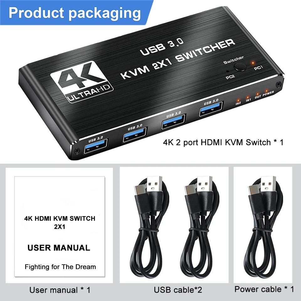 KVM-переключатель 4K USB 3,0, переключатель 8K HDMI-совместимый KVM-переключатель 2 в 1 для 2 ПК, совместное использование клавиатуры, мыши, EDID / HDCP принтера