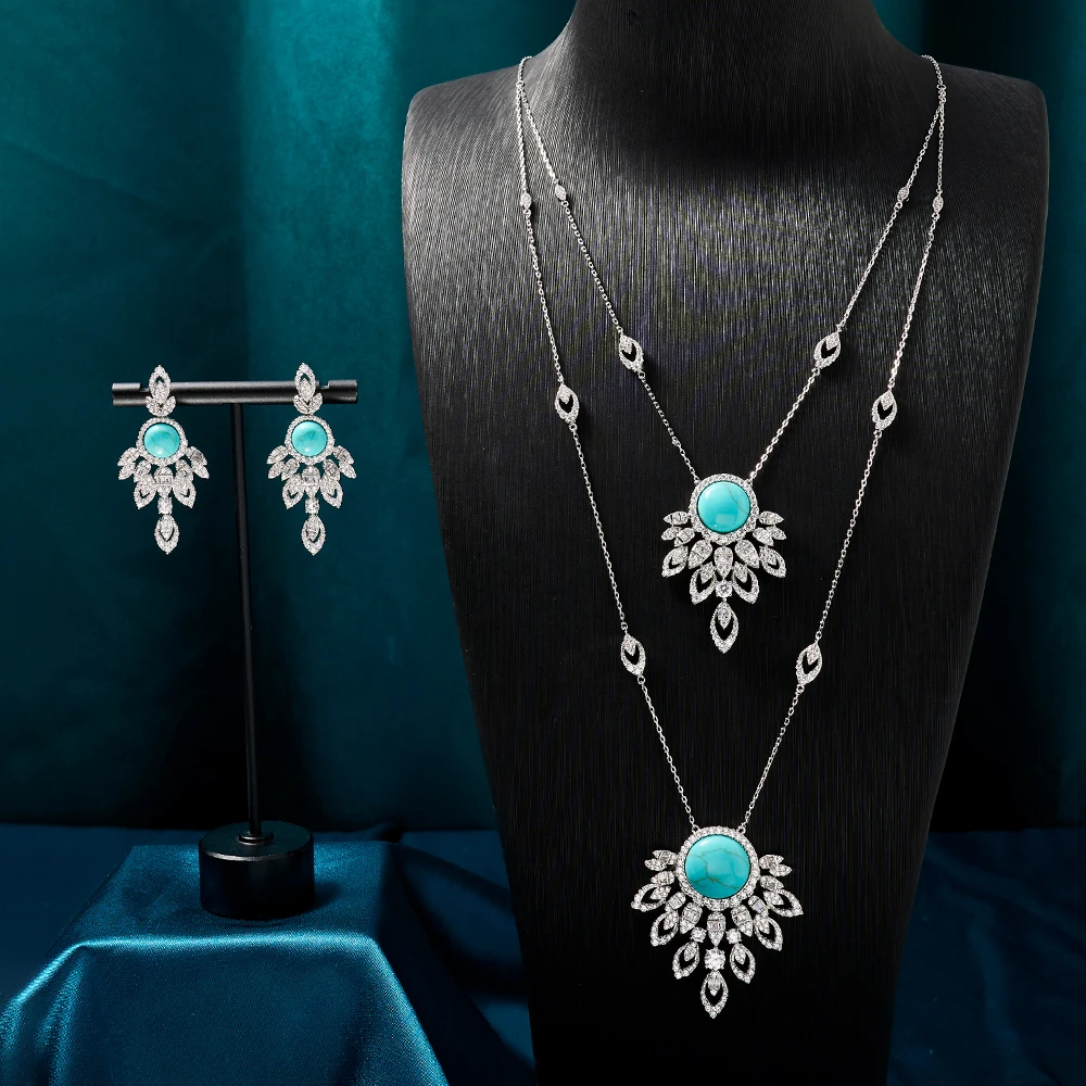 

TIRIM Turquoise Layered Pendant Necklace Set for Women Cubic Zirconia Party jewelry Necklace and Earrings Bridal Jewellery